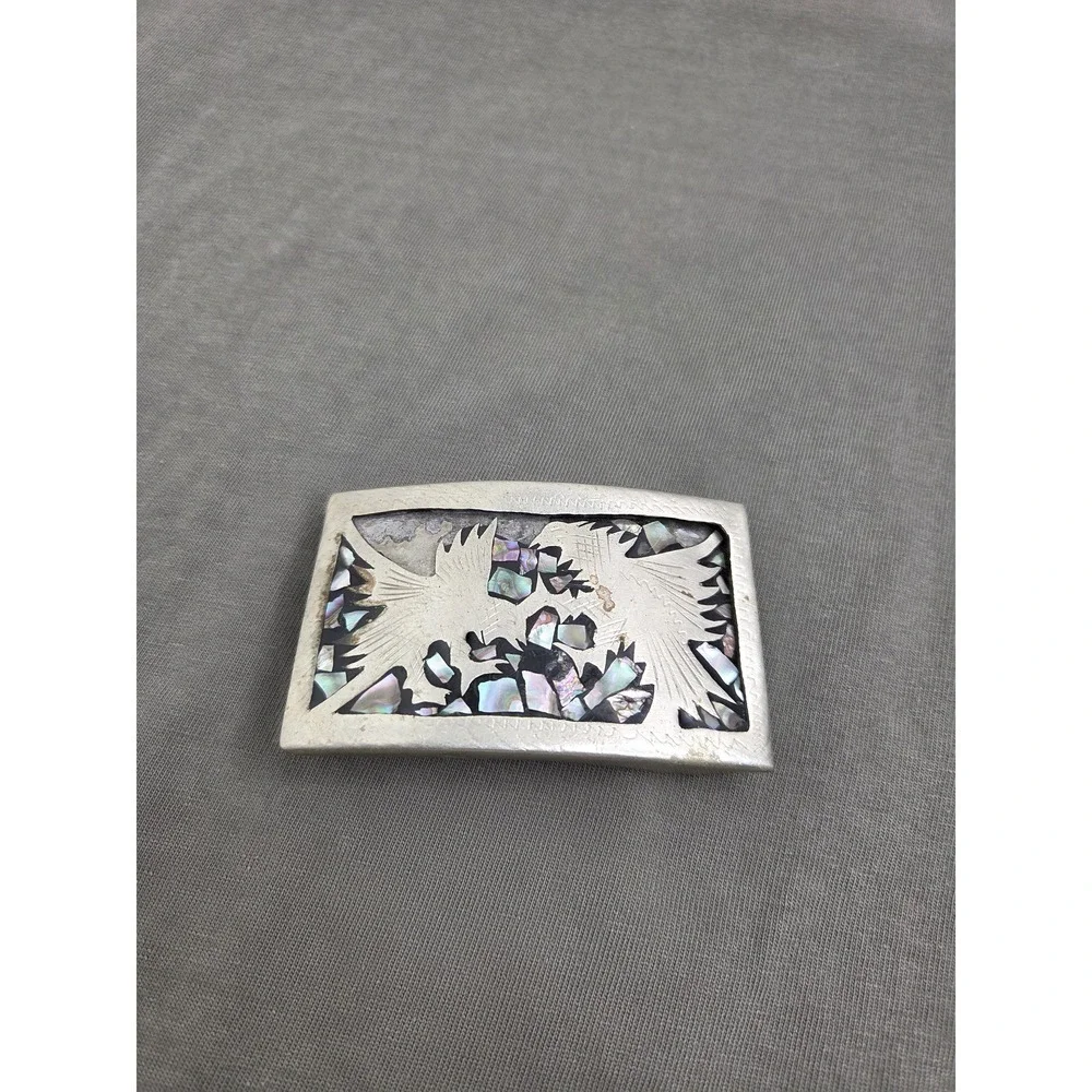 Vintage Abalone Inlay Hawk Belt Buckle Alpaca Mexico Southwestern